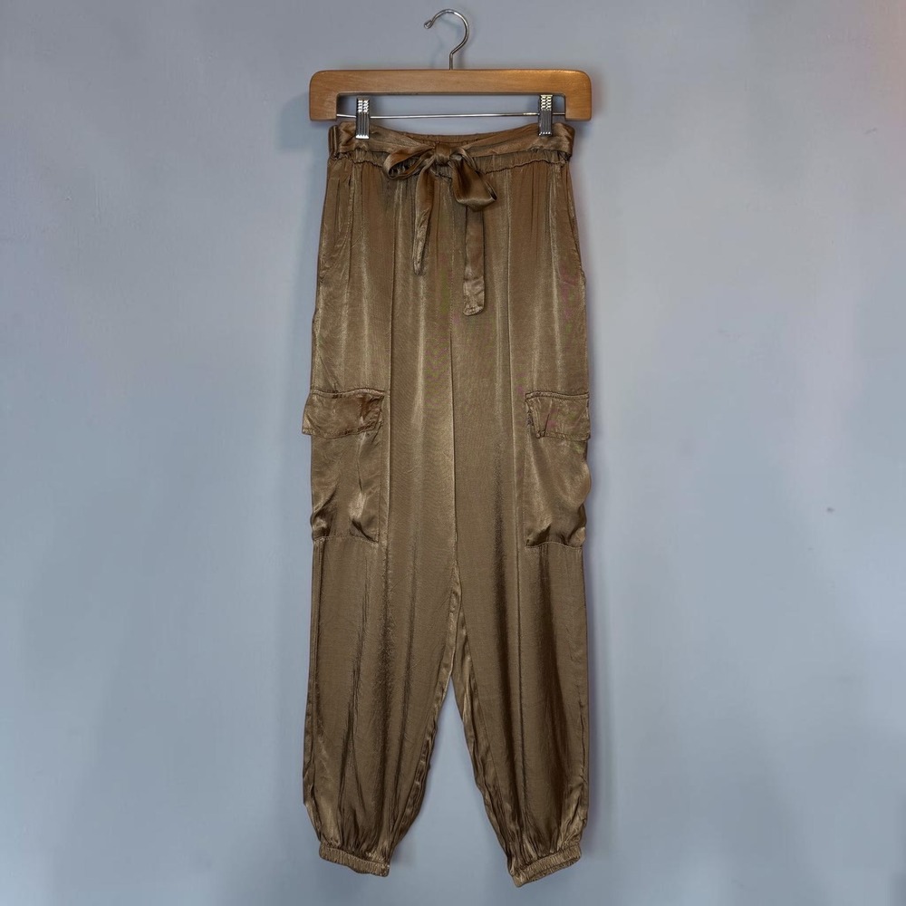 Suzy D London Mariah Satin Combat Pant Cargo Jogger Utility Belted Brown Small